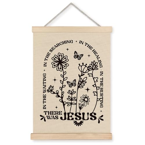 Supwhd Boho Floral Christian Wall Art with Wooden Poster Hanger, There Was Jesus Bible Verses Scripture Wall Decor, Christian Wall Decor for Home Room, 12x16 - color: Christian Floral, size: 16"L x 12"W