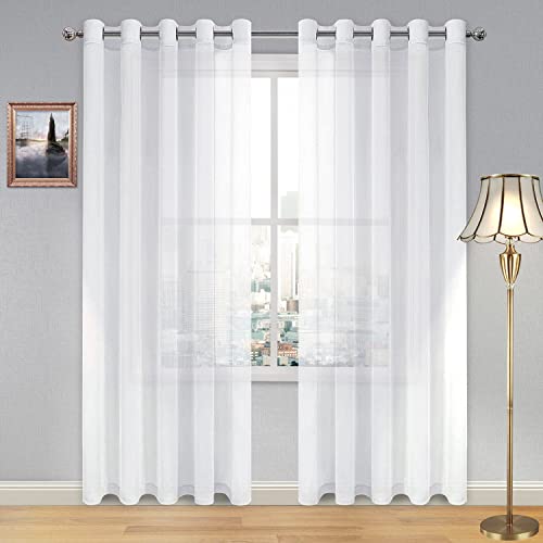 DWCN White Sheer Curtains Linen Look Semi Transparent Voile Grommet Curtains for Living Dining Room Drapes 60 x 84 Inch Long, Set of 2 Panels - color: White, size: 60"W x 84"L (Pack of 2)