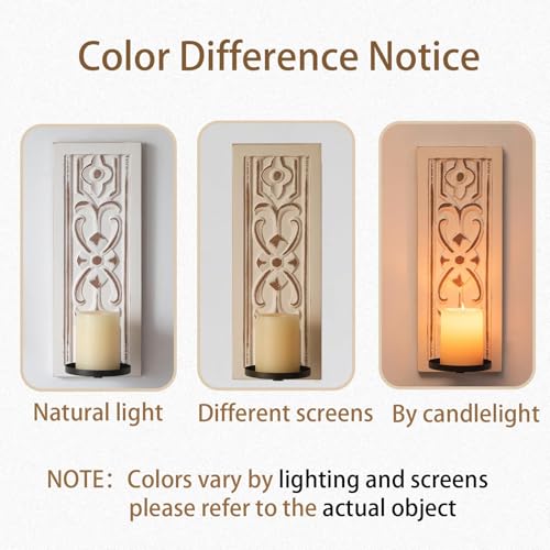 Whitewashed Wood Wall Candle Sconces Set of 2, Floral Design - color: Distressed White