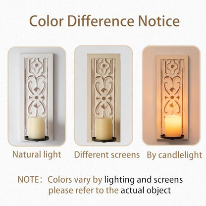 Whitewashed Wood Wall Candle Sconces Set of 2, Floral Design - color: Distressed White