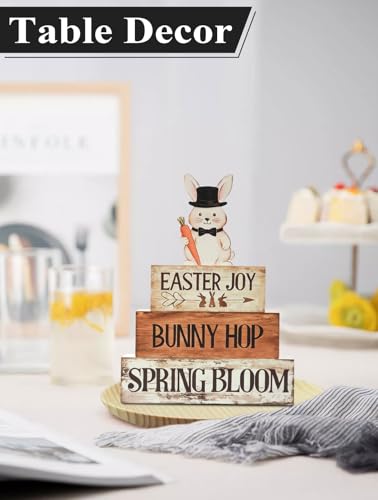 Spring Easter Dec Bunny Wooden Tabletop Decor with Easter Joy/Bunny Hop/Spring Bloom Signs, Spring Farmhouse Spring Table Decorations for Home Indoor, Green Purple Beige Wood Blocks Set of 4 - size: Easter Rabbits-B