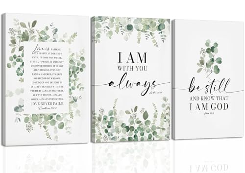 3pcs Bible Plants Canvas Wall Art Christian Botanical Poster Prints Eucalyptus Leaf Pictures Sage Green Inspirational Wall Decor for Living Room Bedroom Bathroom 16x24in Framed - color: Canvas, size: 24L" x 16W"