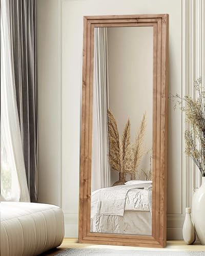 65x24in Full Length Mirror, 3-Tier Stepped Solid Wood Frame - color: Light Brown, size: 65"L x 24"W