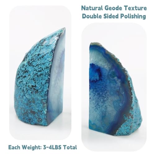 Natural Geode Bookends Pair - 3-4 lbs Heavy Duty Dyed Blue Agate, Non-Slip Crystal Bookends for Shelves | Vibrant Home Office Decor - color: Blue, size: 3-4LBS