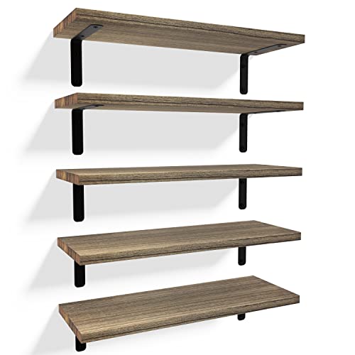 RICHER HOUSE Rustic Wood Floating Shelves Set of 5, Wall Mounted Shelf 16in - color: Carbonized Black