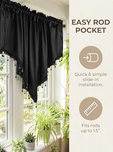 Molaxhome Swag Curtain Scalloped Curtain Valance Drape Sheer Lace Panel 1pc - color: Cloth Black