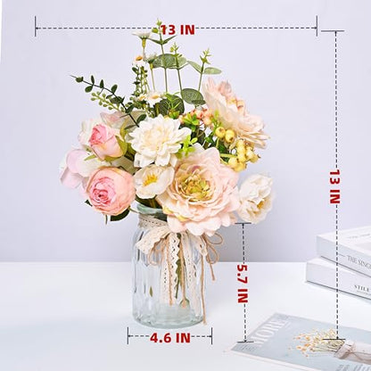 LUEUR Artificial Hydrangea in Vase, Silk Pink Dahlia Flower Bouquet - color: Pink
