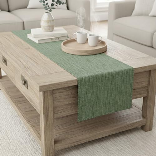Coffee Table Runner 14x36 inch Short Table Runner with Decorative Stitched Edge Natural Cotton Fabric Small Dresser Scarf Dining Table Topper Washable Cloth Farmhouse Décor Table Center Piece Green - color: Olive Green, size: 14"x 36"