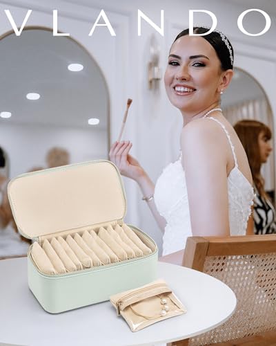 VLANDO Jewelry Travel Organizer with Clear 12 Velvet Bags,Mint Green - color: 12PCS-Mint Green