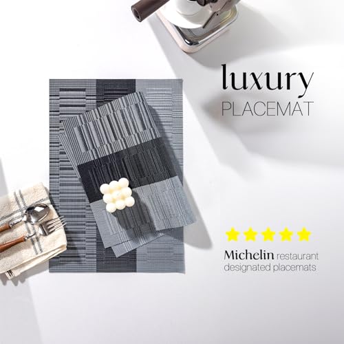 LEXMORE Placemats Set of 6 Vinyl/Plastic Woven Place Mats for Kitchen Table Indoor/Outdoor Washable Placemat Wipeable Dining Table Mats(Silver Gray Black) - color: E-silver Gray Black