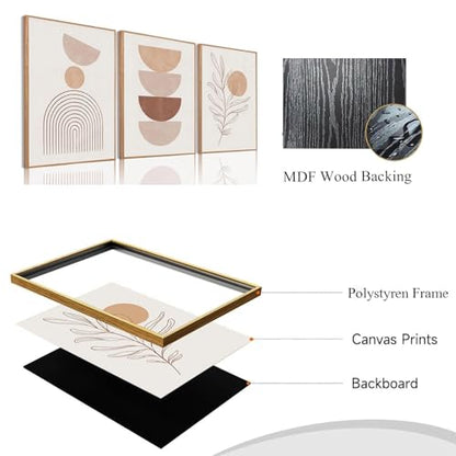 Boho Abstract Line Leaf Framed Canvas Wall Art Set of 3, 12x16 inch - color: Boho Beige, size: 12"x16"Natural