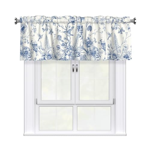 Giwawa Blue Floral Valance Curtain 54 x 18 Inch Chinoiserie Flowers Vintage Toile Rod Pocket Top Treatment for Windows, Living Room Bedroom Kitchen Cafe Farmhouse Rustic Country Decor - color: Blue Flowers Birds, size: 54"W x 18"L (Pack of 1)