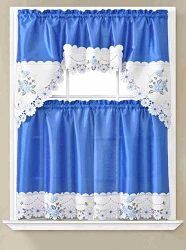 Generic 3-Piece Set Embroidered Window Curtain 2 Panels 1 Valance for Kitchen Restaurant Bar BR (Royal Blue BR-28) - color: Royal Blue Br-28
