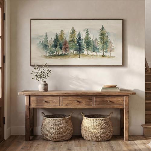 Large Framed Watercolor Pine Tree Forest Wall Art for Living Room, 60x30 In - color: Beige