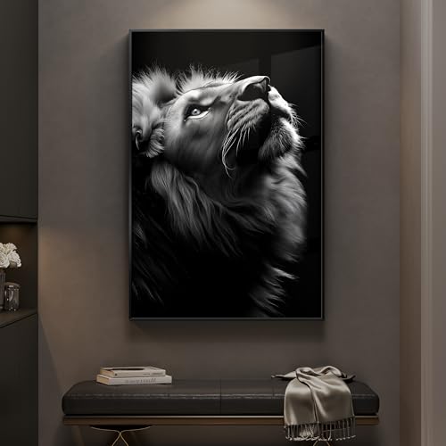 Framed Modern Black and Gray Lion Animal Wall Art, 1 Piece 24x36 In - color: Black and Grey
