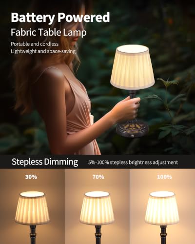 KDG Mottled Silver Cordless Table Lamps Set of 2, Beige Fabric Shade Light - color: Mottled Silver + Fabric Lampshde (2 Pack)