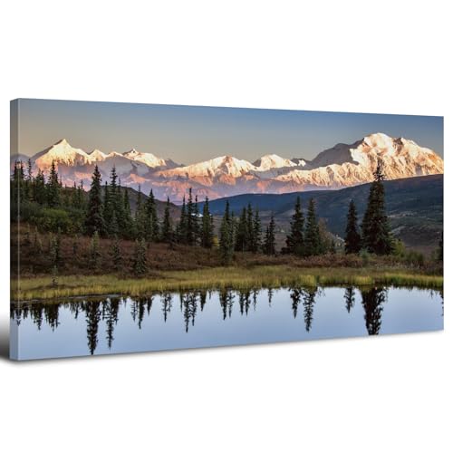 Forest Wall Art Snow Mountain Nature Pictures Wall Decor for Living Room USA Denali National Park Landscape Canvas Prints Green Pine Lake Trees Scenery Framed Artwork Bedroom Office Decorations 20x40 - color: Field01, size: 40"L x 20"W