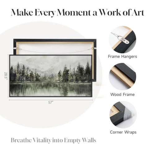 Framed Pine Tree Forest Lake Landscape Wall Art for Living Room, 60x30 Inch - color: Gray Green