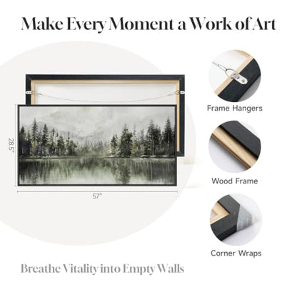 Framed Pine Tree Forest Lake Landscape Wall Art for Living Room, 60x30 Inch - color: Gray Green