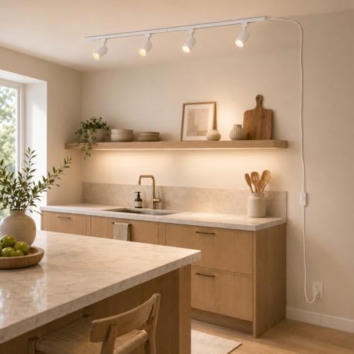 Plug in Track Lighting with Power Cord, 4-Light GU10 Track Lighting Kit with Track Rail, Modern Kitchen LED Track Lighting Fixtures Ceiling Wall Spot Light, 13FT Plug Cord, White (No Bulbs)