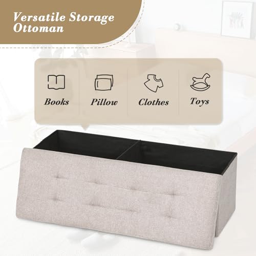 Athena Collection 43" Storage Ottoman Bench Folding Bench with 130L Hidden Storage, Large End of Bed Bench Linen Foot Rest Stool Chest with Flipping Lid for Living Room Bedroom Entryway, Sandy Beige - color: Sandy Beige, style: 43" Linen