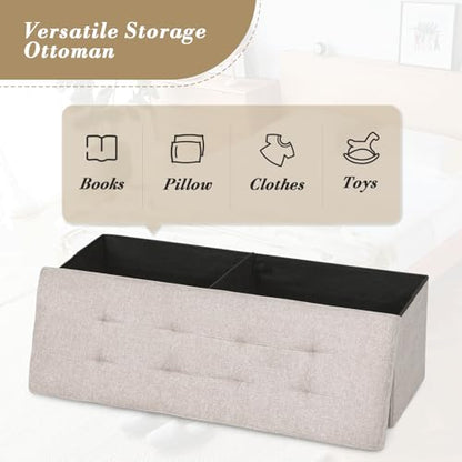 Athena Collection 43" Storage Ottoman Bench Folding Bench with 130L Hidden Storage, Large End of Bed Bench Linen Foot Rest Stool Chest with Flipping Lid for Living Room Bedroom Entryway, Sandy Beige - color: Sandy Beige, style: 43" Linen