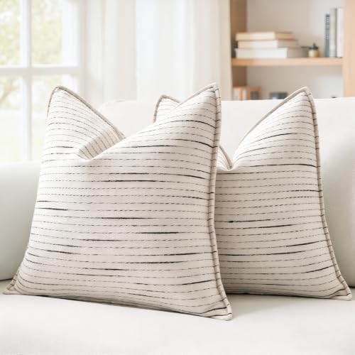 NUYECY Soft Chenille Decorative Throw Pillow Covers 18x18 Set of 2,Beige Neutral Couch Pillow Covers Striped Textured Farmhouse Pillowcases for Modern Home Decor Bed Sofa Living Room Bedroom - color: Beige, size: 18" x 18" (Pack of 2)