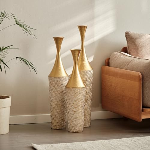 Floor Metal vase Modern Style Decoration Home Woven Pattern Metal vase 3-Piece Set Gorgeous Home Decoration Large Glazed Metal vases (Gold+White Woven Pattern) - color: Gold+white Woven Pattern