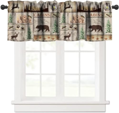Rustic Cabin Valance Curtain, Lake Country Lodge Bear Deer Forest Farmhouse Camp Woodland Brown Blackout Short Window Curtain for Bedroom Living Room Kitchen,54x18in - color: Bear-10