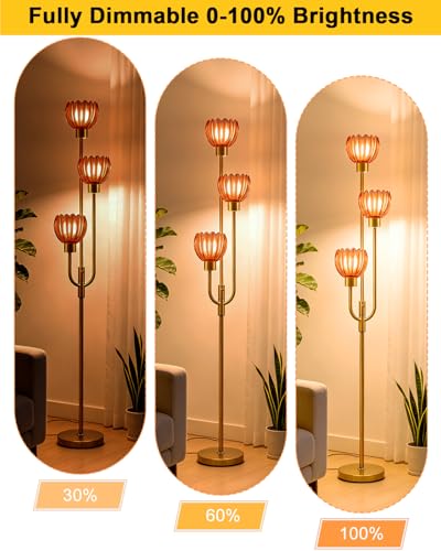 Modern Glass Floor Lamp 66IN 3-Light Red Glass Gold Dimmable Floor Lamps - color: Deep Red Lotus-Gold