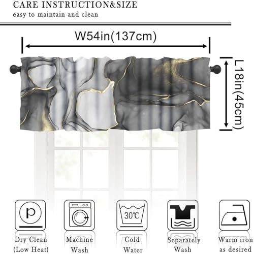 Grey Marble Window Valance, Marble Texture Line Black Gold Grey Rod Pocket Blackout Short Curtain Drape for Cafe Kitchen Bedroom Living Room, 54x18inch - color: Marble-15