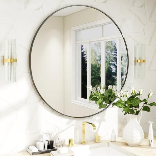 BEAUTYPEAK 20 Inch Round Mirror, Metal Frame Circle Mirror, Black - color: Black, size: 20"L x 20"W
