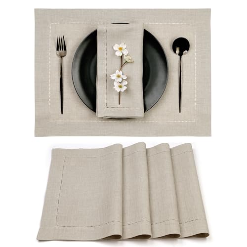 Signature Linen™ by D'Moksha, Natural Placemats Set of 4, 14 x 19 Inch, 100% Pure Linen Table Mats, Hemstitch, Machine Washable Cloth Placemats- Fall, Weddings, Outdoor Hosting - color: Natural, size: Set of 4 (14 X 19 Inch)
