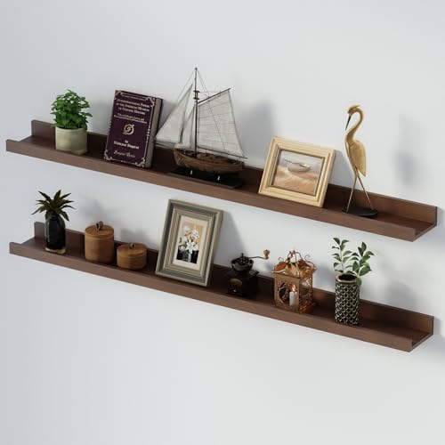 SAUMONIERES Picture Ledge Shelf Floating Book Shelves Set of 2 Wall Mounted Solid Wood for Bedroom Bathroom Living Room Kitchen, 48 Inch Walnut - color: Walnut, size: 48 inch