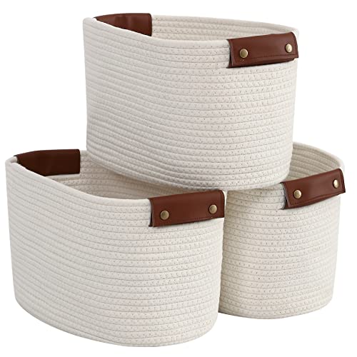 3 Pack Woven Cotton Rope Storage Basket, 15x10x9, Cream - color: Cream