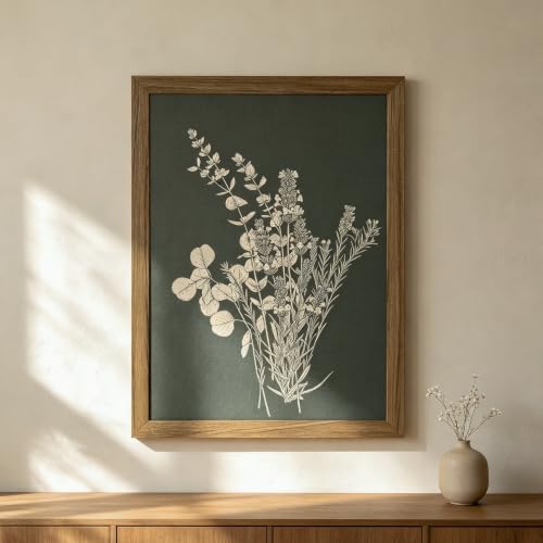 YBYBEST 12 x 16 Inch Framed Ivory Botanical Wall Art, Vintage Olive Green Floral Canvas Print with Warm Brown Solid Wood Frame for Bedroom and Home Office - color: Ivory One, size: 16"L x 12"W