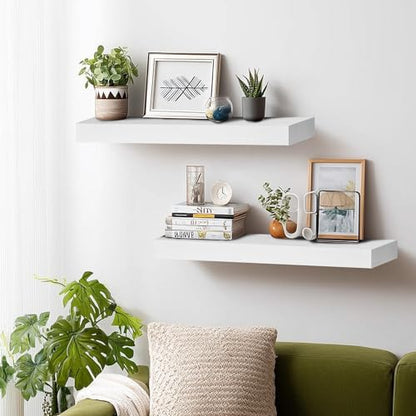 Solid Wood Floating Shelves, 24 Inch Wall Shelves, Set of 2, White - color: White, size: 24x8x1.6