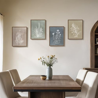 Framed Boho Neutral Botanical Wall Art for Living Room, 4 Piece 12x16 In - color: Simple - Walnut Framed, size: 12" W x 16" H x 4 pcs
