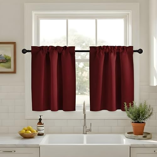 NICETOWN Short Curtains for Christmas Window Decor, Thermal Insualted Small Curtains for Bedroom, Privacy Energy Saving Tiers for Bathroom Windows, 34 x 36 inches Long, Burgundy Red, 2 Panels - color: Burgundy Red, size: 34"W x 36"L (Pack of 2)