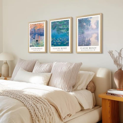 LLEEMPI Claude Monet Water Lilies Wall Art Set of 3, 16x24 Framed Prints - color: MonetWaterLily(Wood), size: 24"L x 16"W