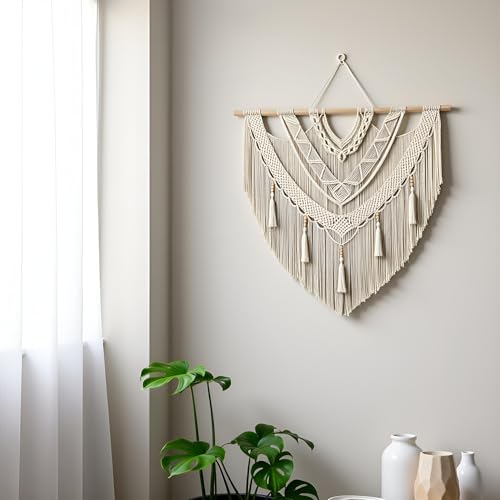 guzhiou Large Macrame Wall Hanging, Boho Woven Tapestry Decor Art, 43"x40" - color: Bead Fringe