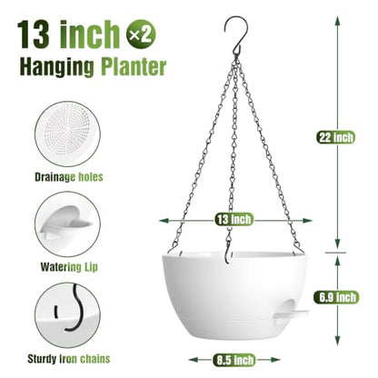 13 Inch Large Self Watering Hanging Planters 2 Pack with Saucers - color: White, size: 13 Inch 2 Pack