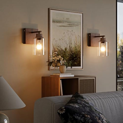 Rayogale Walnut Battery Operated Wall Sconce Set of Two with Remote Control | Dimmable Rechargeable Wall Lights with Timer, Easy Install Glass Lamp for Living Room Bedroom, Emergency 3000K - color: Walnut(Clear Lampshades)