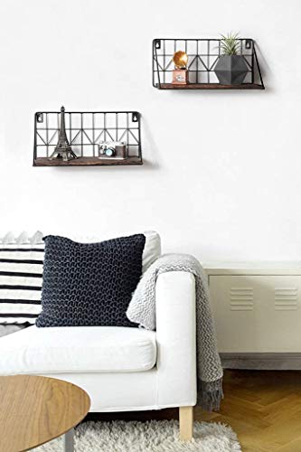 Mkono Floating Shelves Wall Mounted Set of 2 Rustic Wood Storage Display Shelf with Metal Wire Basket 11.4 Inches, Hanging Shelf for Bedroom Bathroom Living Room Kitchen Office, Brown,Small - size: Small