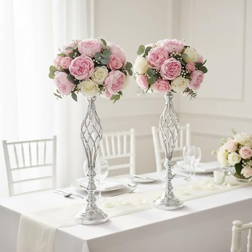 Silver Wedding Vases for Table Centerpieces - 2pcs of Twist Candleholder Stands, Elegant Floral Arrangement Vases, Metal Centerpieces for Reception Table Wedding Road-Leading Home Decor - color: ['Silver'], size: ['2 pieces, 23.23 inches']