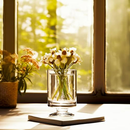 WGVI Clear Glass Pedestal Hurricane Candle Holder, 4.4" W, 5.9" H, Decorative Vase for Pillar Candles, Short Stemmed Candleholder Cylinder, Tabletop Centerpieces, Home Décor, Elegant Design, 1 Piece - size: 6" H