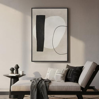 Framed Modern Black White Beige Abstract Wall Art, 1 Piece 24x36 In - color: Black White Block A