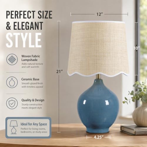 21"H Slate Blue Ceramic Table Lamp with Beige Faux Rattan Drum Shade - color: Slate Blue
