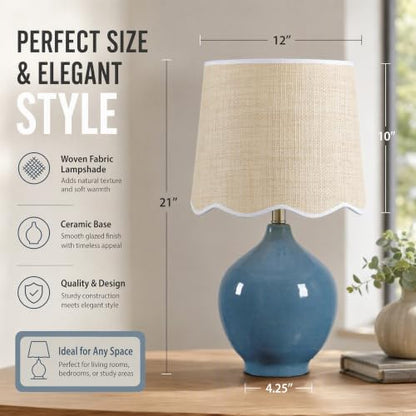 21"H Slate Blue Ceramic Table Lamp with Beige Faux Rattan Drum Shade - color: Slate Blue