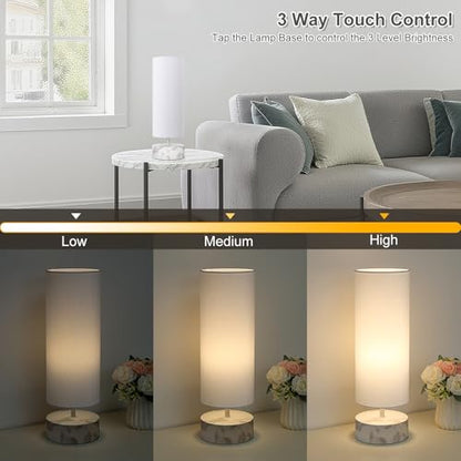 Touch Table Lamp with Marble Grain Metal Base, 3 Way Dimmable Bedside Lamp - color: White Marble Base with White Shade